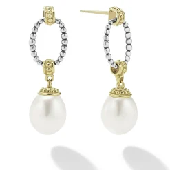 New LAGOS Two-Tone Oval Drop Pearl Earrings